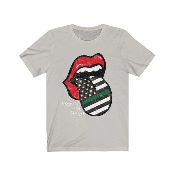 Military Flag Tongue Out Support Our Troops Distressed Unisex Tee White Text