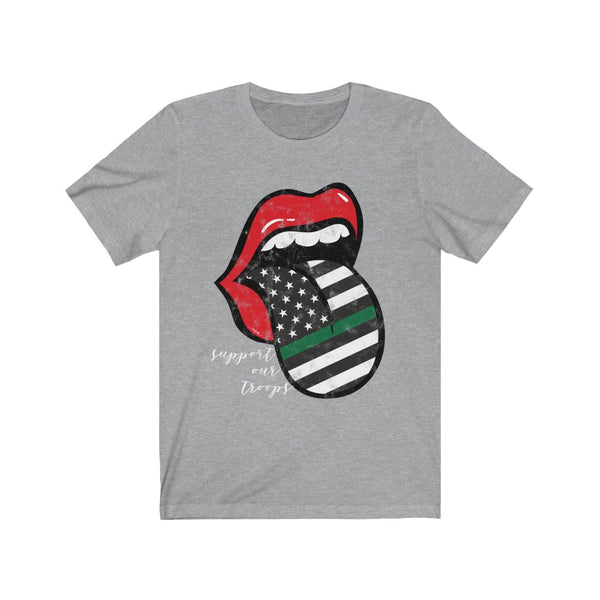 Military Flag Tongue Out Support Our Troops Distressed Unisex Tee White Text