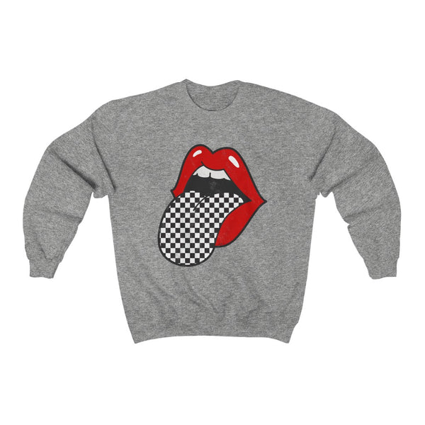 Red Lips Checkered Tongue Out Distressed Unisex Crewneck Sweatshirt