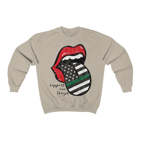 Military Flag Tongue Out Support Our Troops Distressed Unisex Sweatshirt Black Text