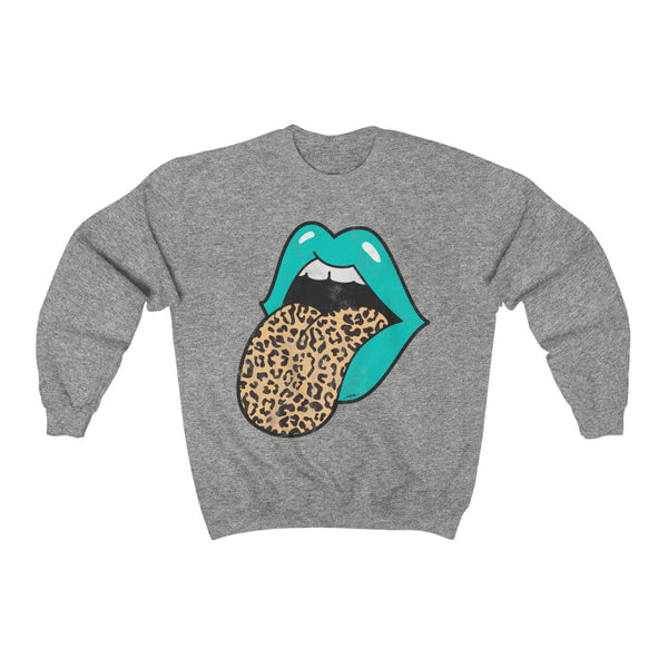 Aqua Lips Leopard Tongue Out Distressed Unisex Crewneck Sweatshirt