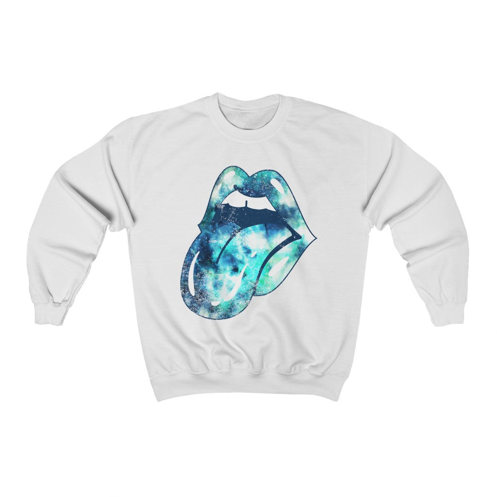 Blue Tie Dye Lips Tongue Out Distressed Unisex Crewneck Sweatshirt