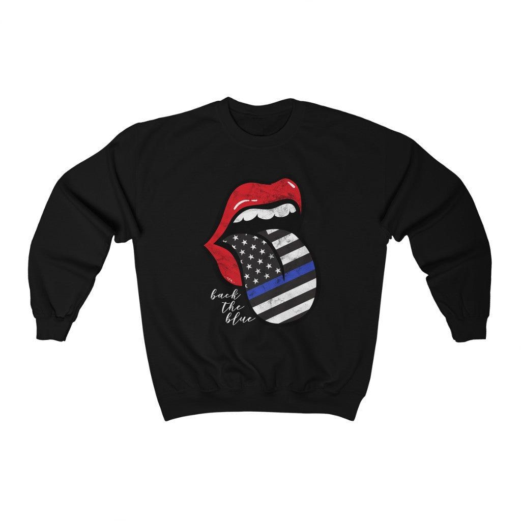 Police Blue Line Back the Blue Flag Tongue Out Distressed Unisex Sweatshirt