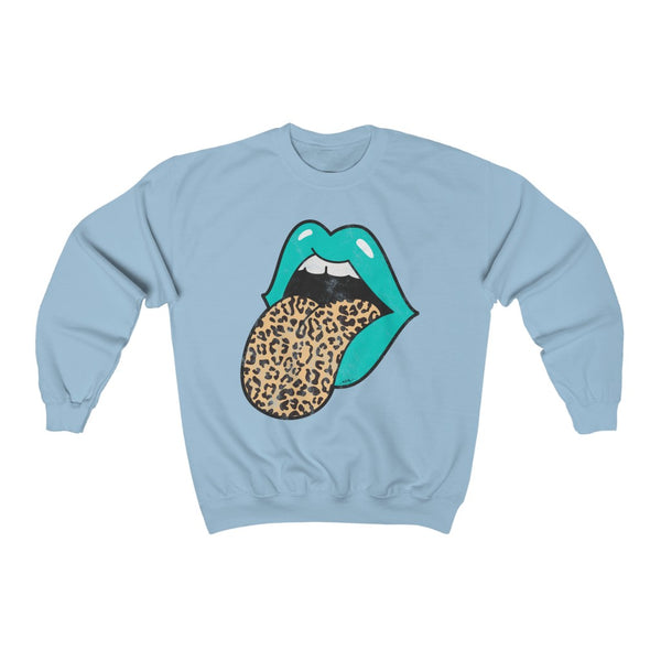 Aqua Lips Leopard Tongue Out Distressed Unisex Crewneck Sweatshirt