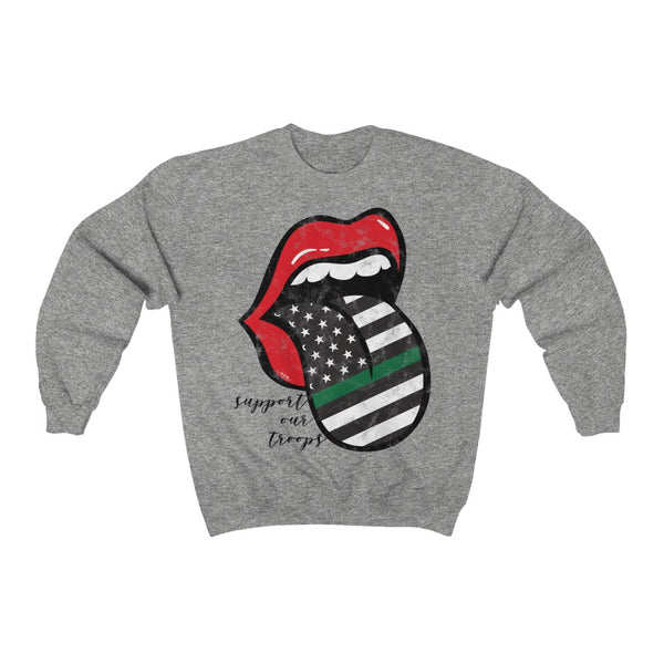 Military Flag Tongue Out Support Our Troops Distressed Unisex Sweatshirt Black Text