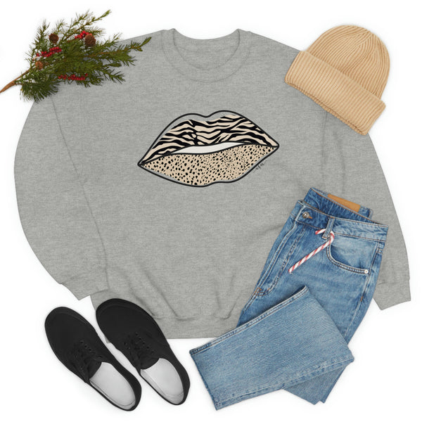 Leopard Zebra Lips Kiss Pout Unisex Crewneck Sweatshirt
