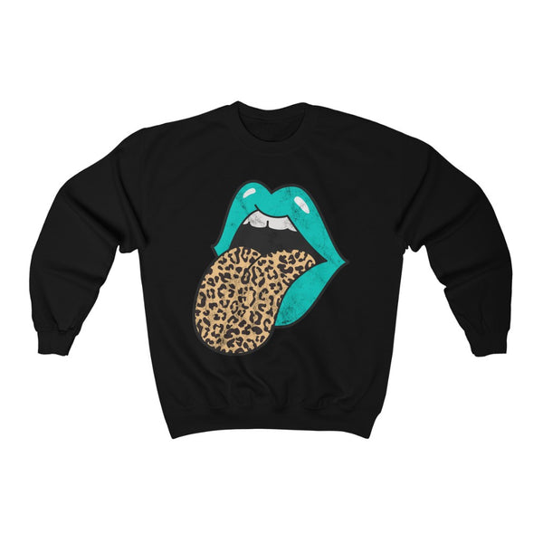 Aqua Lips Leopard Tongue Out Distressed Unisex Crewneck Sweatshirt