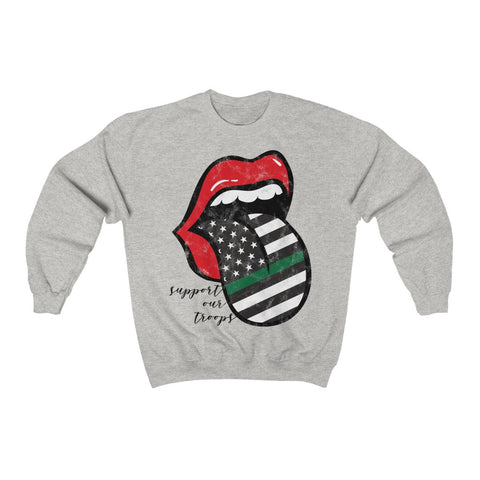 Military Flag Tongue Out Support Our Troops Distressed Unisex Sweatshirt Black Text
