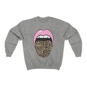 Pink Lips Leopard Tongue Out Forward Facing Unisex Sweatshirt