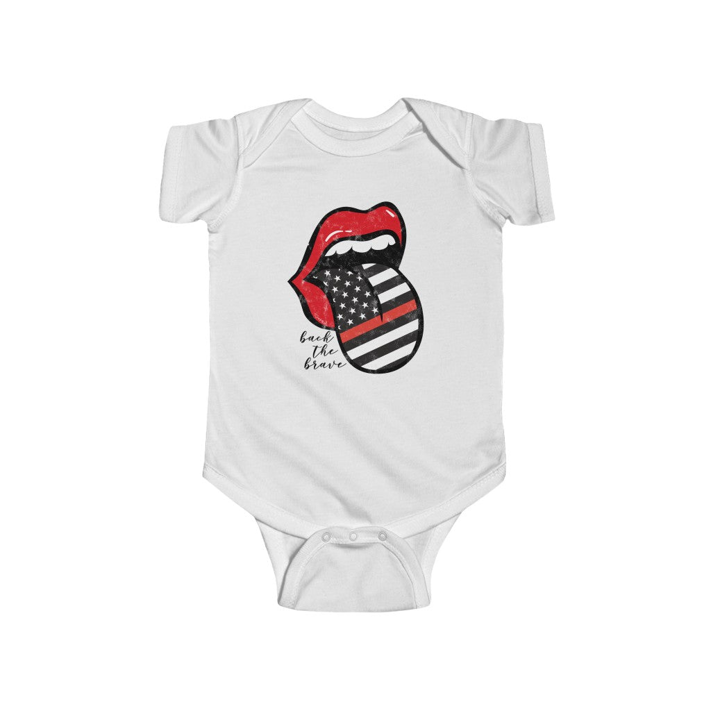 Baby - Firefighter Flag Back the Brave Tongue Out Distressed Onesie
