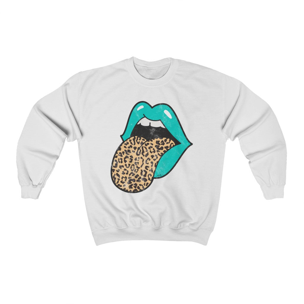 Aqua Lips Leopard Tongue Out Distressed Unisex Crewneck Sweatshirt