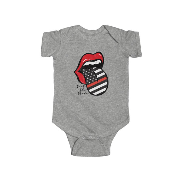 Baby - Firefighter Flag Back the Brave Tongue Out Distressed Onesie