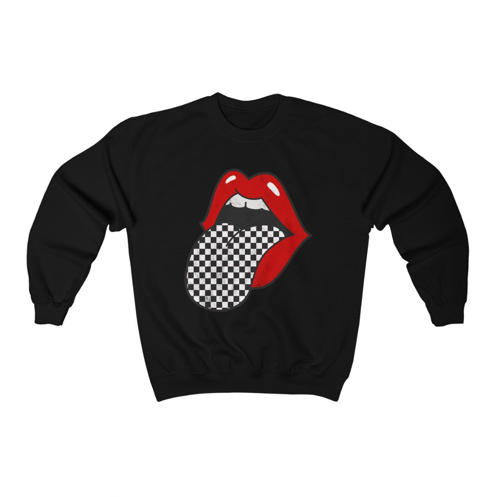 Red Lips Checkered Tongue Out Distressed Unisex Crewneck Sweatshirt