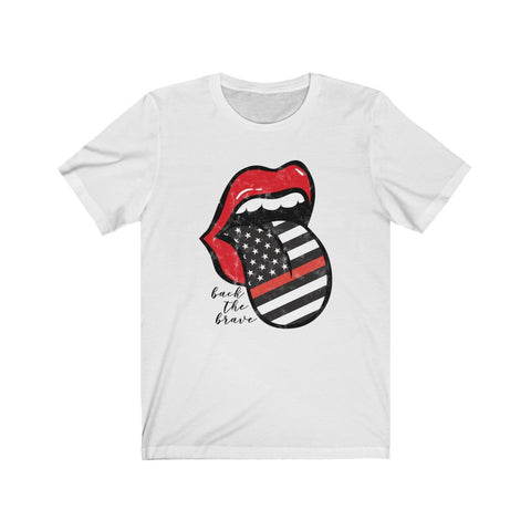 Firefighter Red Line Back the Brave Flag Tongue Out Distressed Unisex Tee