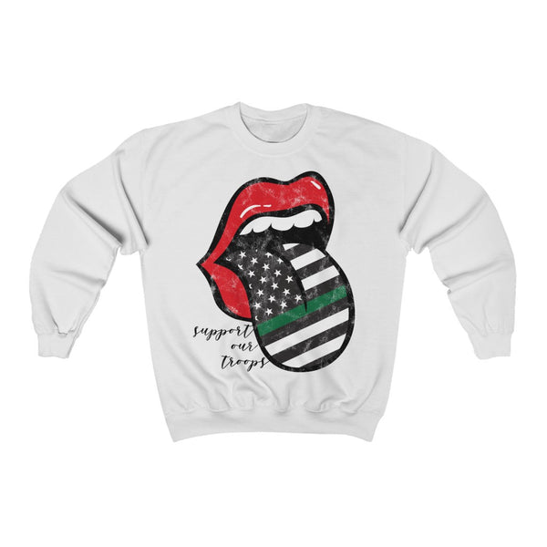 Military Flag Tongue Out Support Our Troops Distressed Unisex Sweatshirt Black Text