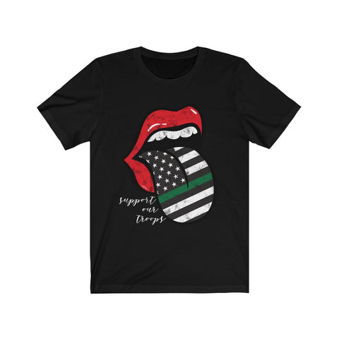 Military Flag Tongue Out Support Our Troops Distressed Unisex Tee White Text